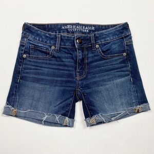 American Eagle Super‎ Stretch Midi Jean Shorts Women Size 0 Mid Rise Dark Wash
